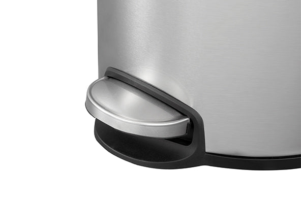 Sleek flat-topped round step bin with stainless steel pedal