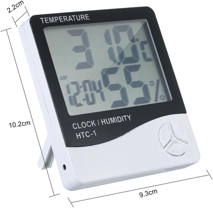 HTC-1 Digital Thermo-Hygrometer with Clock – Indoor Temperature & Humidity Monitor | LCD Display, Room Thermometer, Humidity Gauge, Time & Alarm Function – For Home, Office, Warehouse, Greenhouse/ With Battery