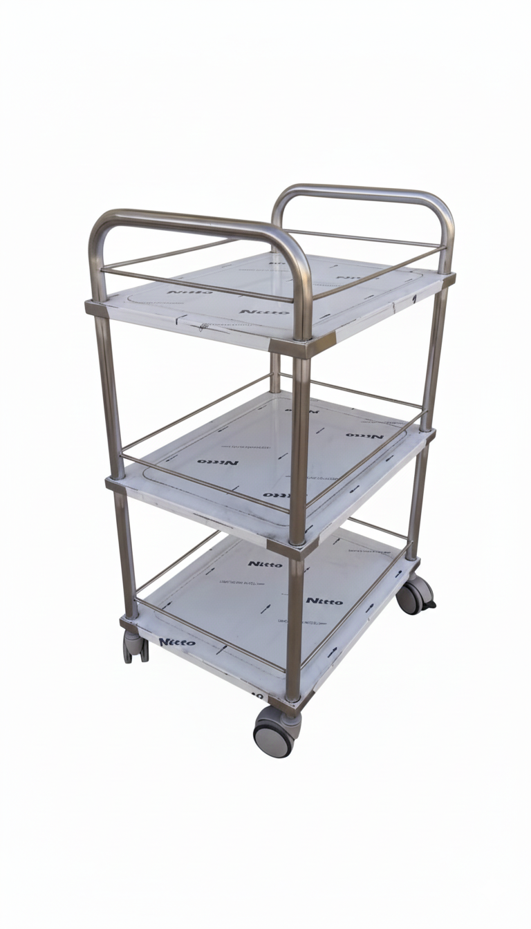 3-Tier Stainless Steel Medical Trolley – Heavy Duty Hospital Utility Cart with Silent Swivel Wheels & Protective Rails