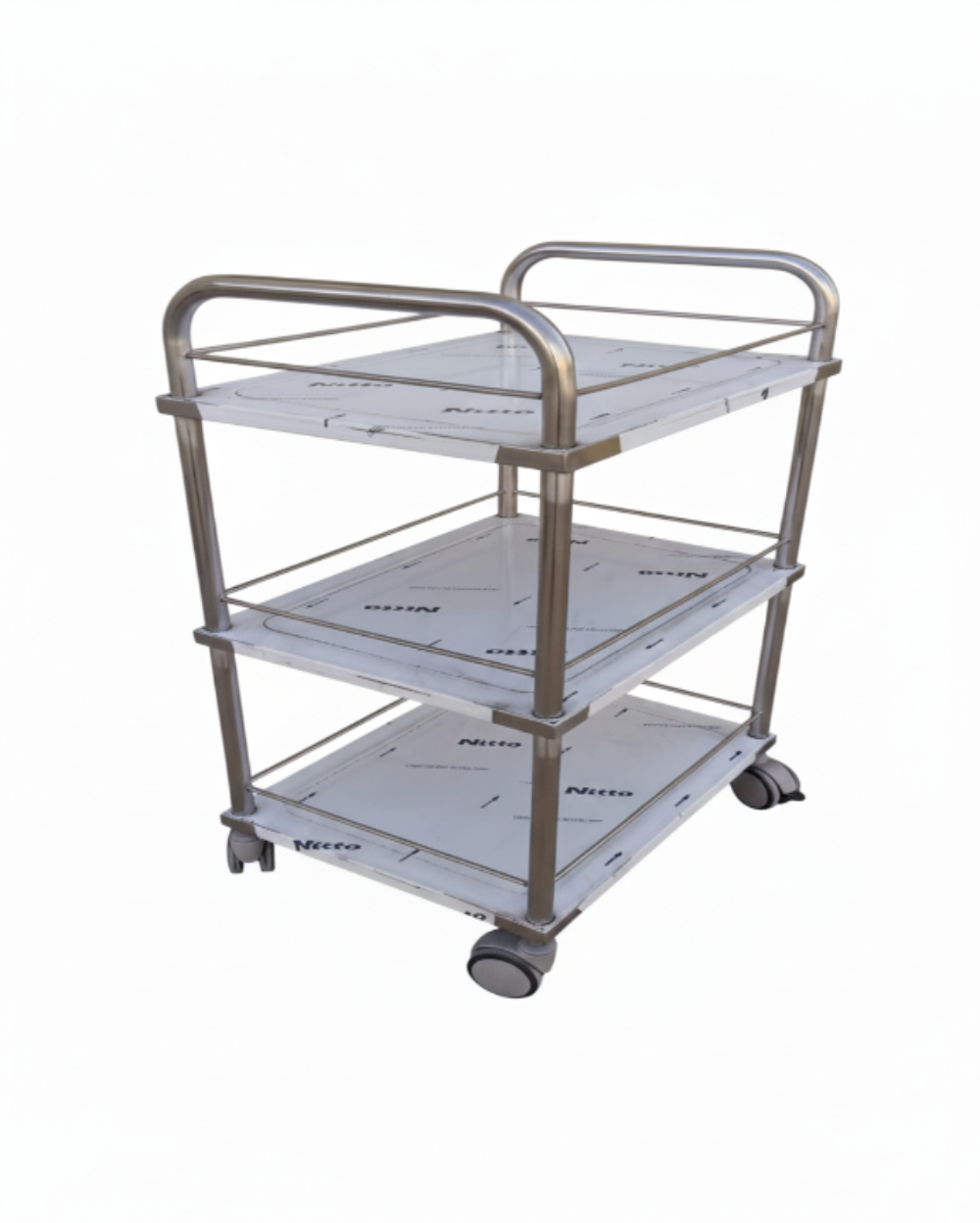 3-Tier Stainless Steel Medical Trolley – Heavy Duty Hospital Utility Cart with Silent Swivel Wheels & Protective Rails