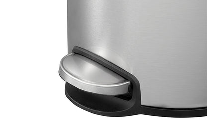 Sleek flat-topped round step bin with stainless steel pedal