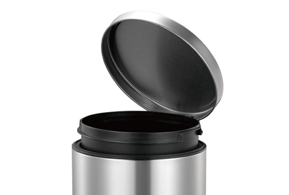 Sleek flat-topped round step bin with stainless steel pedal