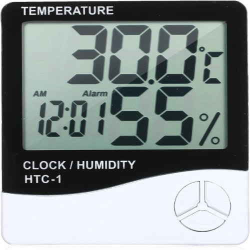 HTC-1 Digital Thermo-Hygrometer with Clock – Indoor Temperature & Humidity Monitor | LCD Display, Room Thermometer, Humidity Gauge, Time & Alarm Function – For Home, Office, Warehouse, Greenhouse/ With Battery
