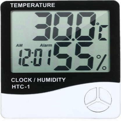 HTC-1 Digital Thermo-Hygrometer with Clock – Indoor Temperature & Humidity Monitor | LCD Display, Room Thermometer, Humidity Gauge, Time & Alarm Function – For Home, Office, Warehouse, Greenhouse/ With Battery
