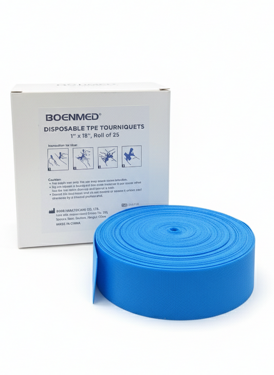 Disposable TPE Tourniquets Latex-Free for Venipuncture & Phlebotomy – 1" x 18" Flat Strip Medical Band – Single-Use, High-Stretch (Box/Roll of X)