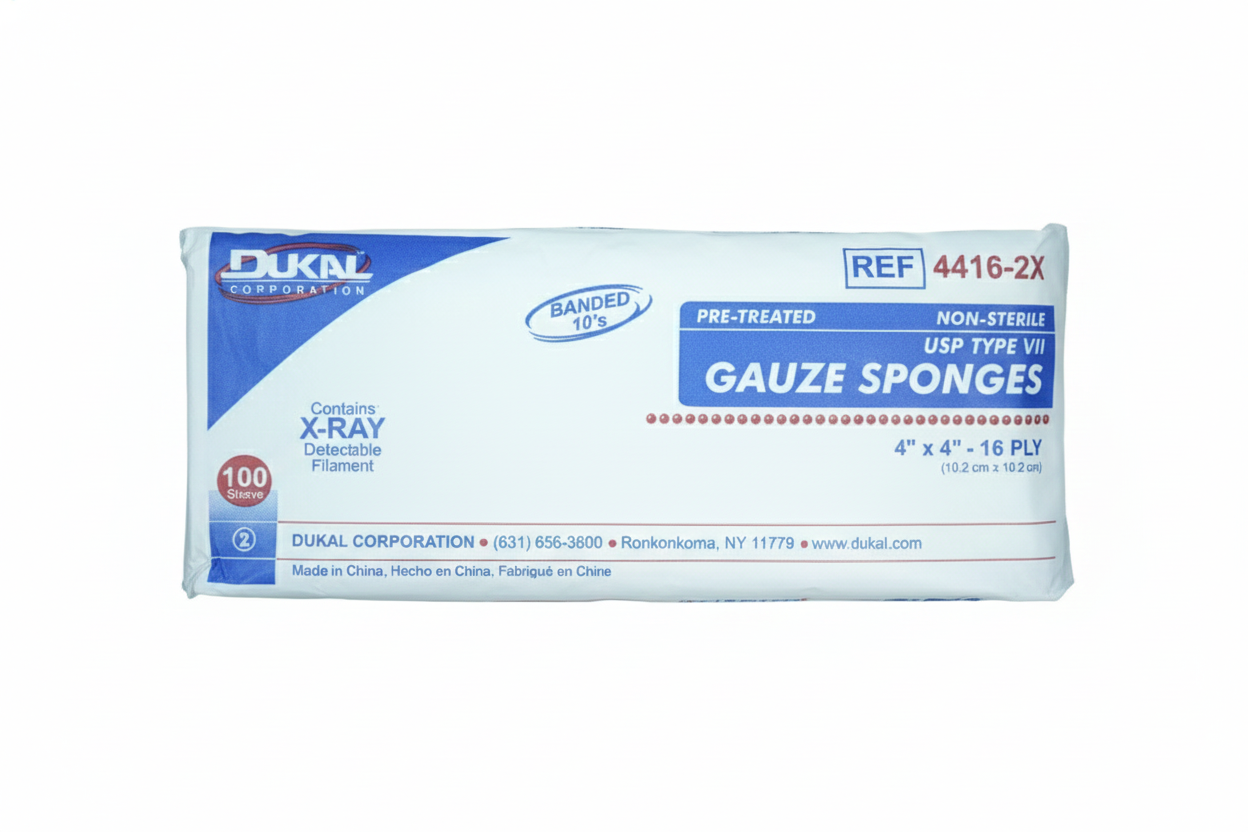 Gauze Sponges 4" x 4", 16-Ply, X-Ray Detectable – Non-Sterile, USP Type VII (100/Pack)