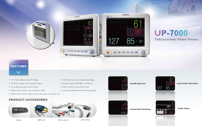 Bedside Monitor UP-7000 – Multi-Parameter Patient Monitor with ECG, SpO₂, NIBP, Temperature & Respiration, Color Display Medical Monitor for ICU, Clinic & Hospital